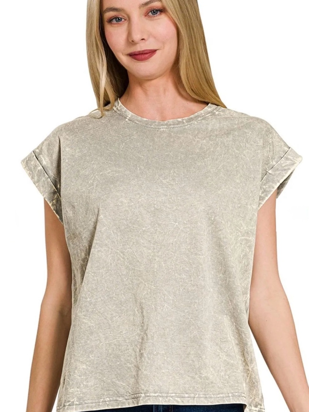 Zenana Crinkle Washed Round Neck Folded Short Sleeve Tee